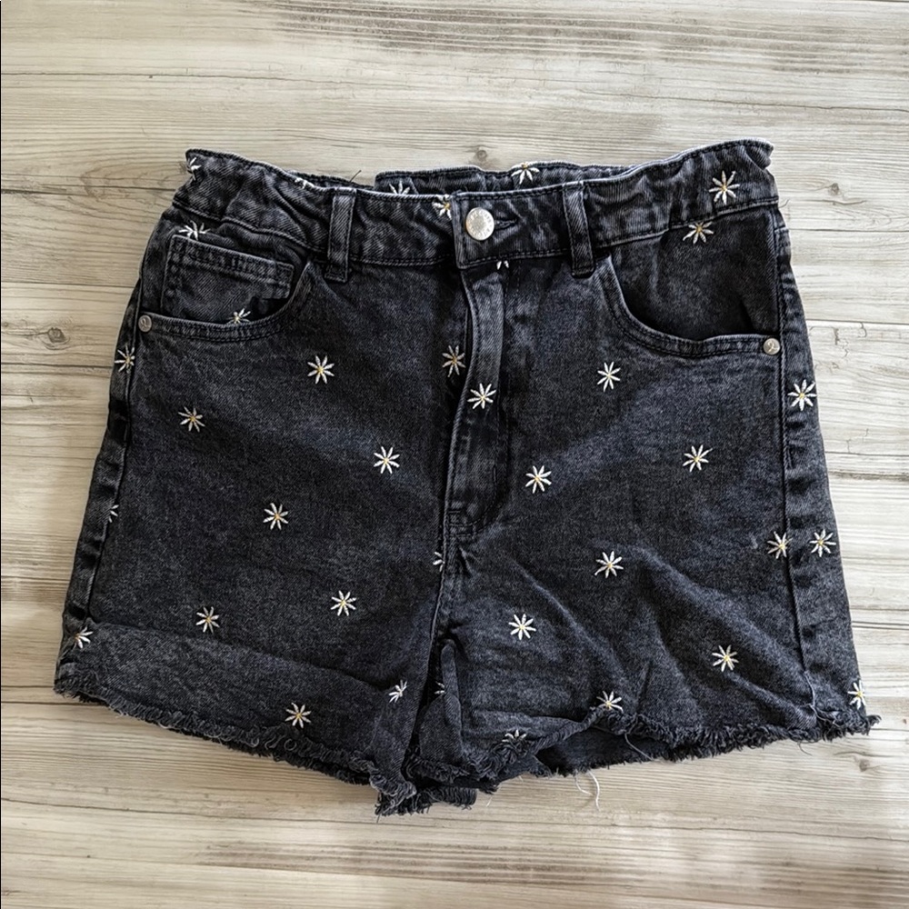 Black Denim Embroidered Shorts